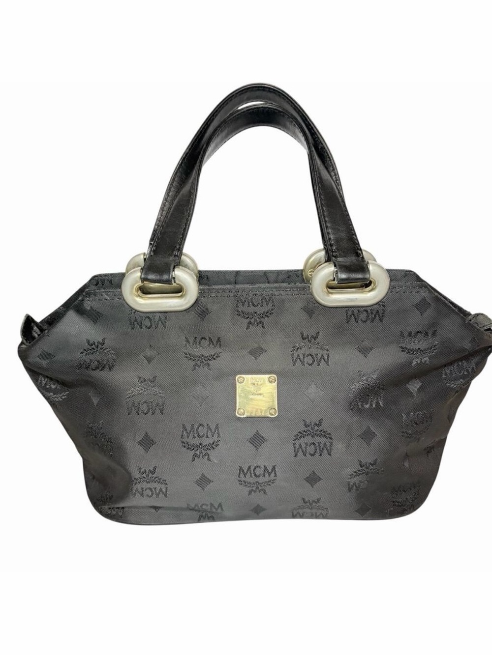 Vintage MCM Munchen Black Nylon Monogram Tote Bag Gold Hardware Shoulder Purse